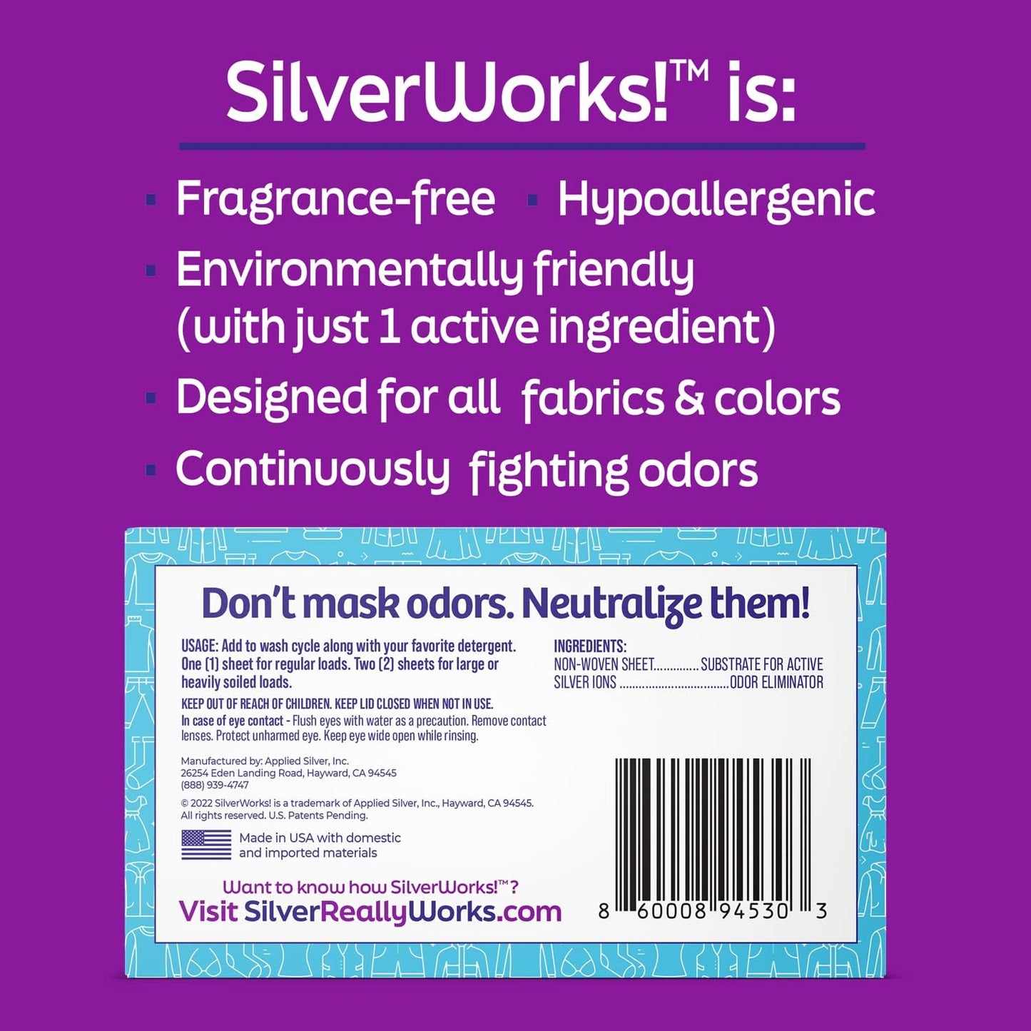 A close up of the warnings and ingredients on the label with the UPC barcode. Indicates the benefits such as hypoallergenic, environmentally friendly, designed for all fabrics and colors, and continuously fights odors.