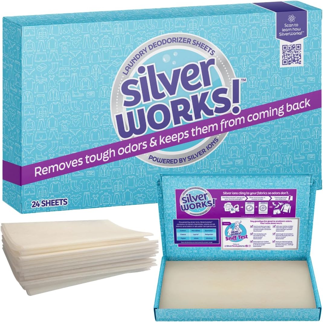 SilverWorks!™ Deodorizer Sheets pack and sheets displayed with a clean, modern design, showcasing the product’s packaging and branding against a neutral background.