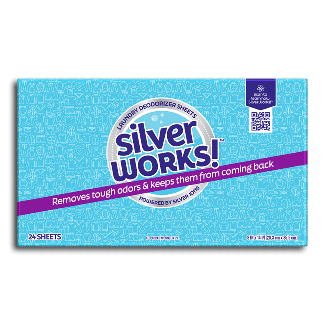 SilverWorks!™ Deodorizer Sheets pack displayed with a clean, modern design, showcasing the product’s packaging and branding against a neutral background.