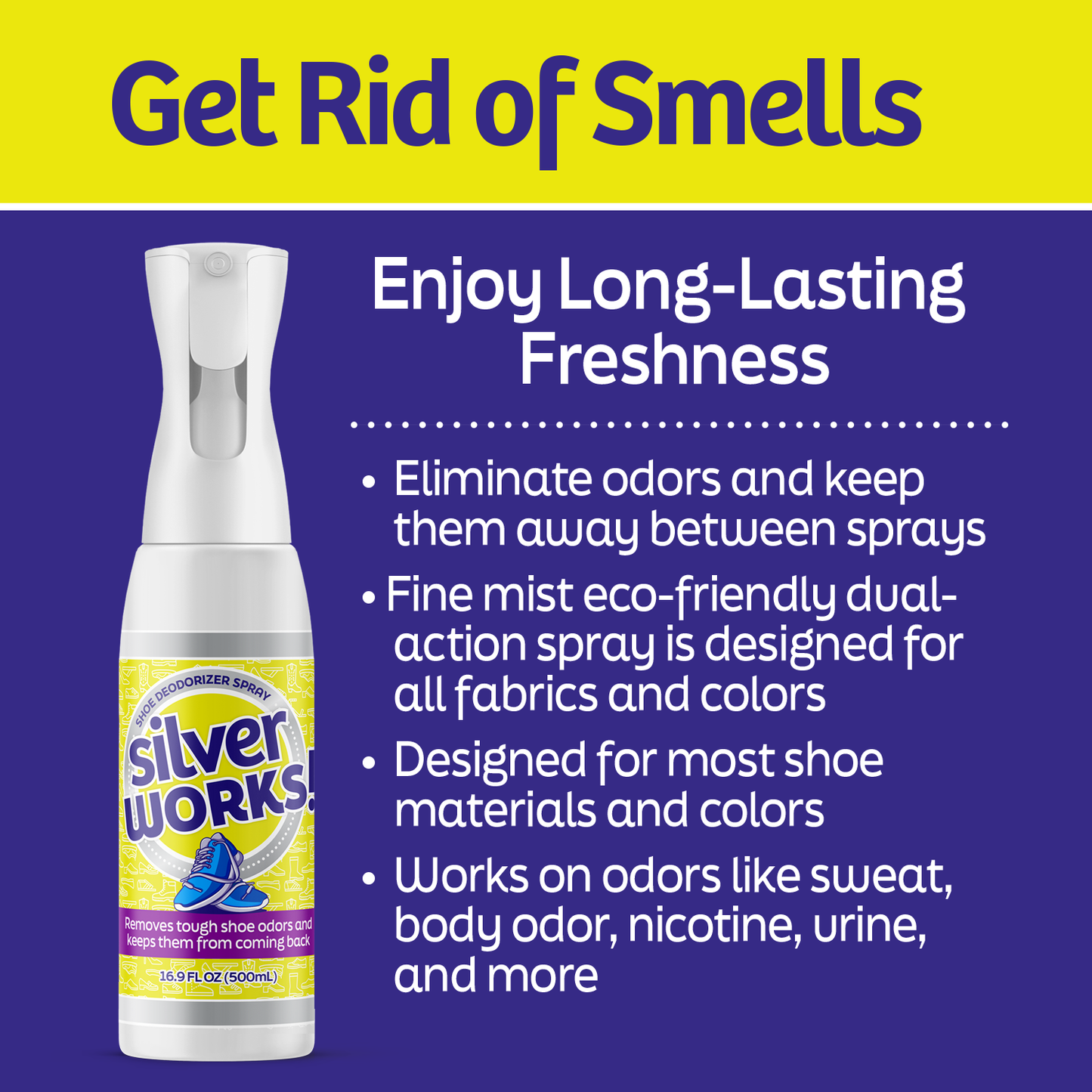 Close up of the front of the SilverWorks! shoe spray label showcasing text about how the product eliminates odors, uses fine mist sprayer that's eco-friendly, it's designed for most shoe materials and colors, and it works on odors like sweat, body odor, nicotine, urine, and more.