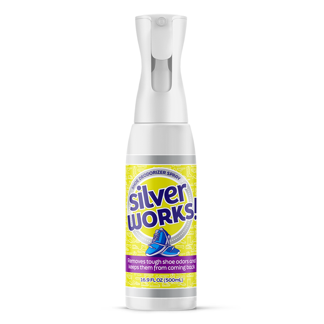 SilverWorks!™ Shoe Odor Spray bottle displayed with a prominent yellow label on a neutral background, showcasing the product’s design and branding.