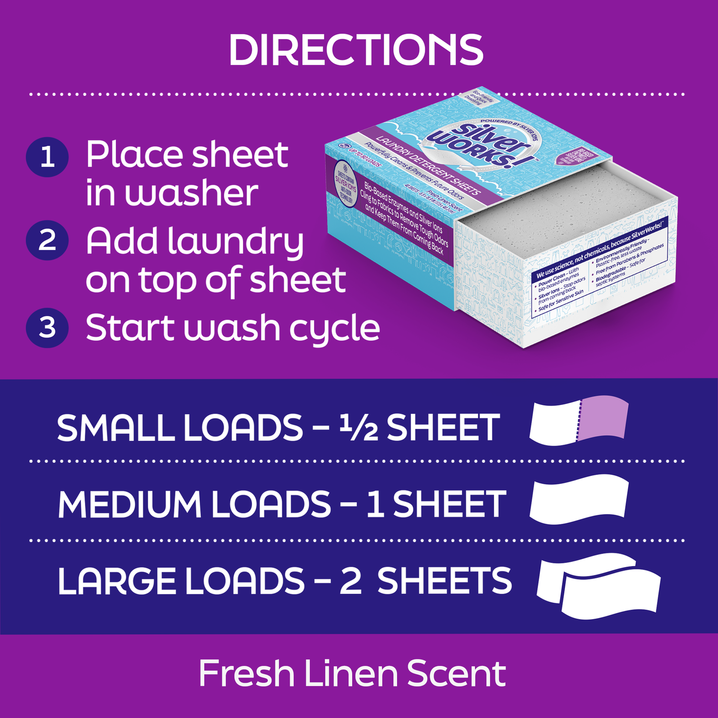 Directions for use. 1. place sheet in washer. 2. add laundry on top of sheet. 3. start wash cycle. Use 1/2 a sheet for small loads, 1 sheet for medium loads, and 2 sheets for large loads. Fresh linen scent.