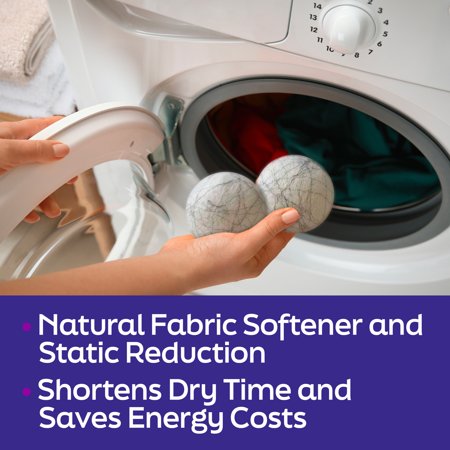Illustration shows consumer placing silver wool dryer balls into their dryer. Highlights benefits such as natural fabric softener, static reduction, shorter dry time, and reduced energy costs.