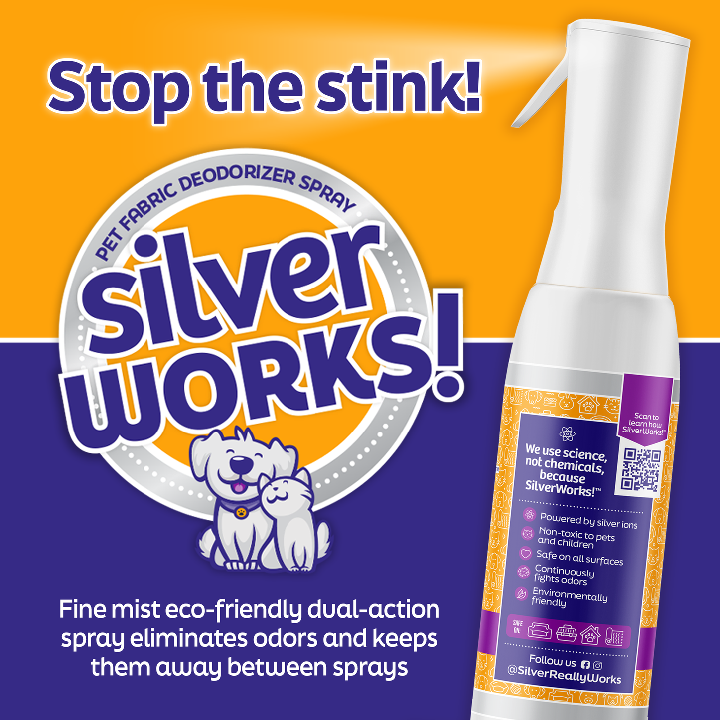 Close-up of SilverWorks!™ Pet Odor Spray bottle, emphasizing the spray nozzle and product label with clear branding details.