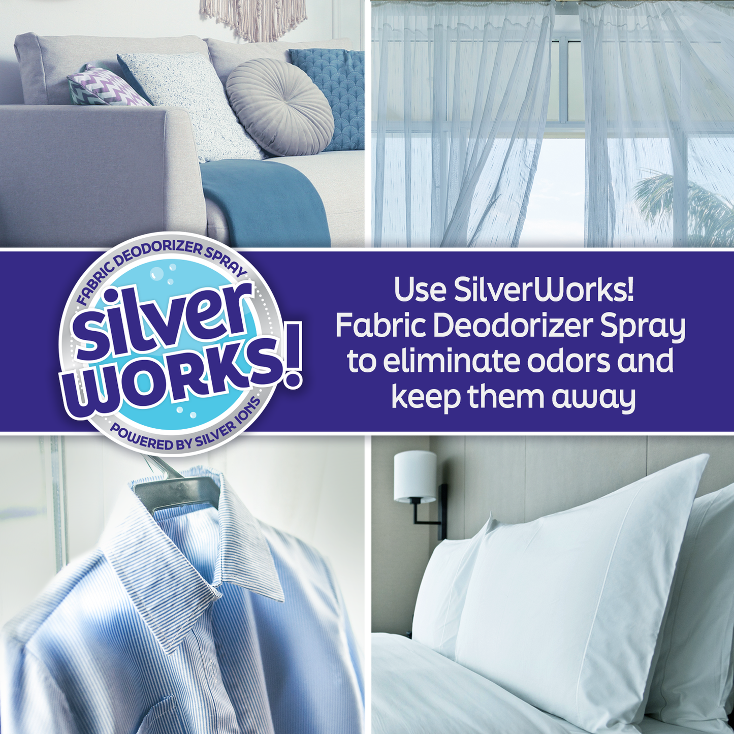 Image shows fabric that the fabric deodorizer spray can be used on such as couches, linens, sheets.