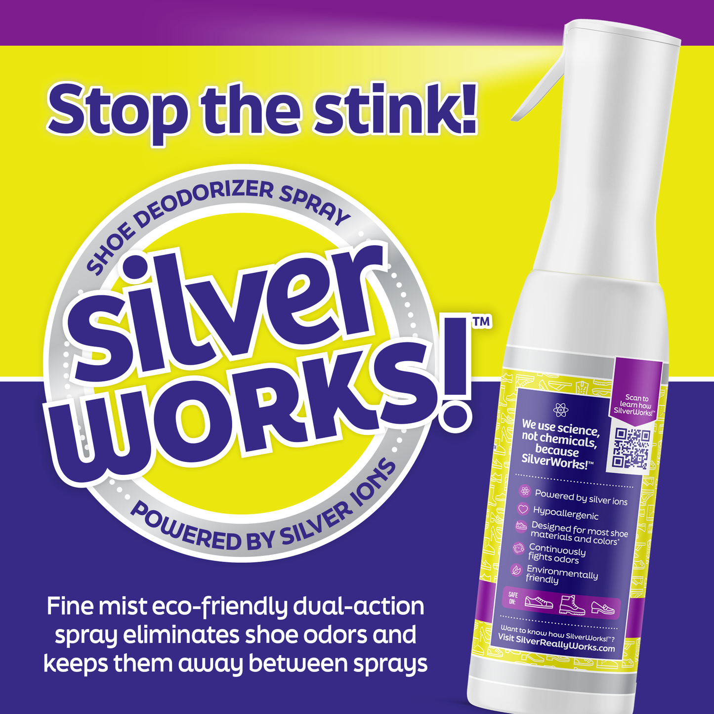 Close-up of SilverWorks!™ Shoe Odor Spray bottle, emphasizing the spray nozzle and product label with prominent branding details.