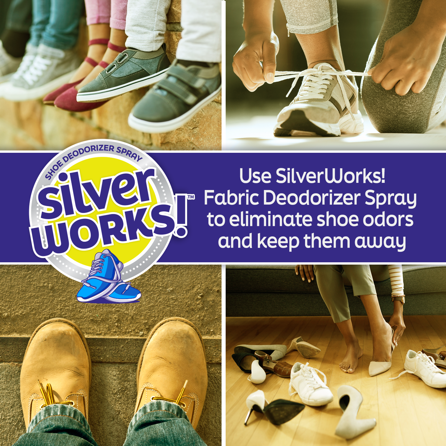 Branded image for SilverWorks! shoe spray, showcasing shoes and stating that the product eliminates shoe odors and keeps them away.