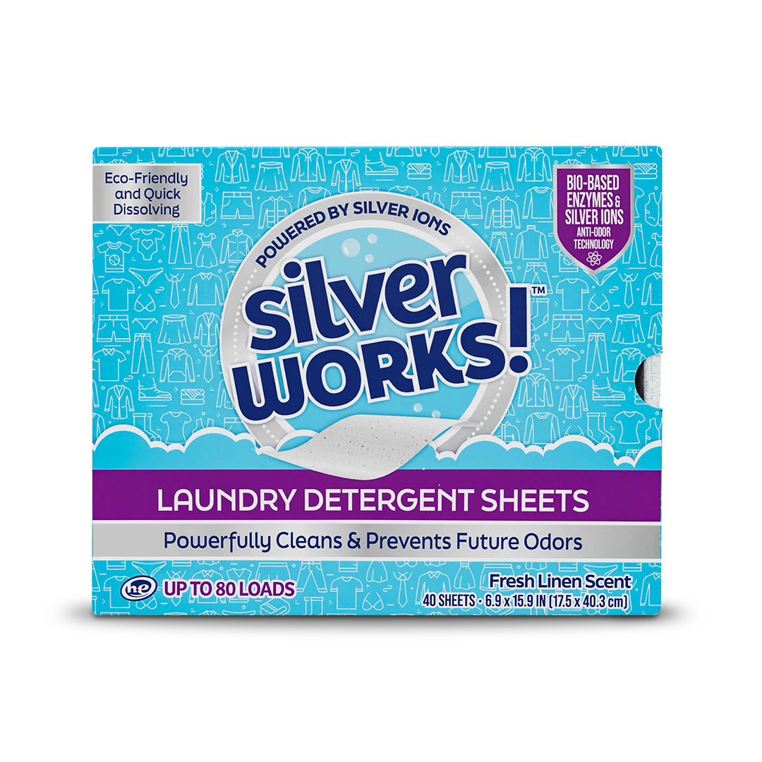 Product image of SilverWorks! dissolvable laundry detergent sheets.