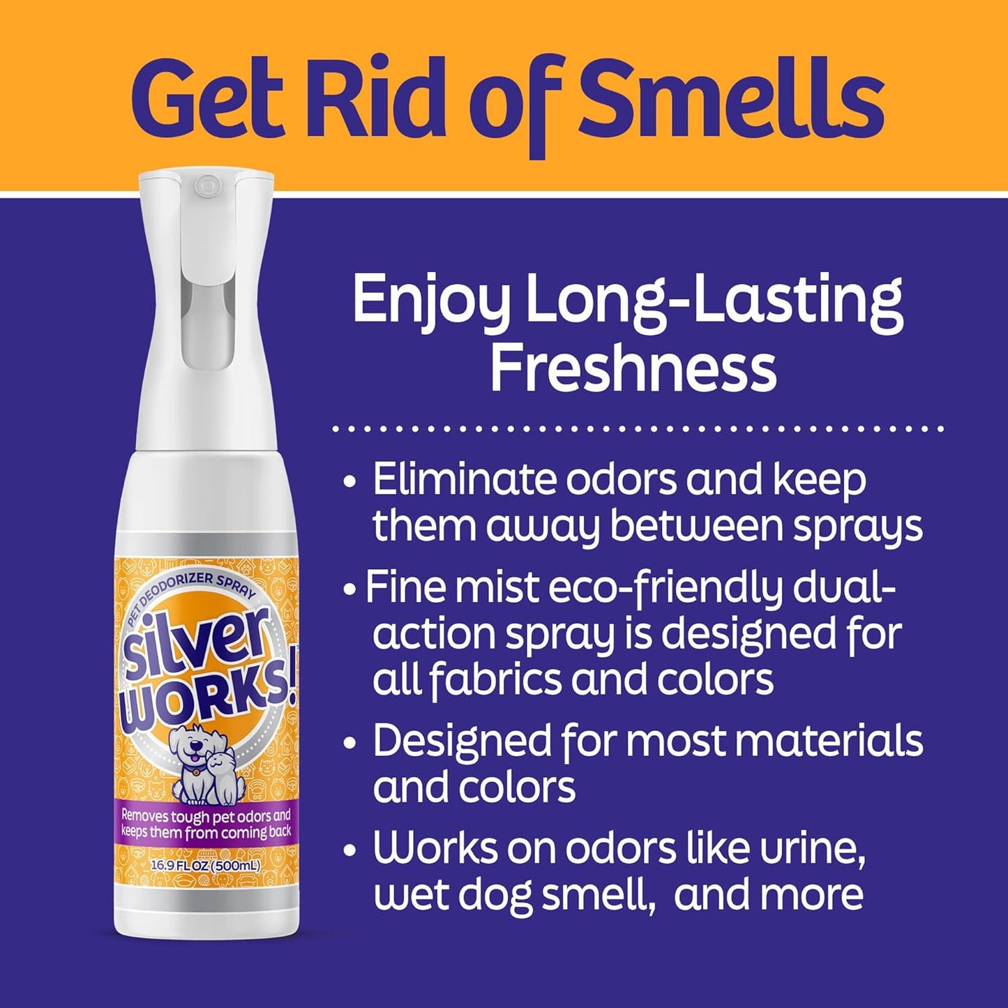 Close up of the front of the package. Showcasing the claims such as eliminate odors, keep odors away, fine mist, eco-friendly, designed for most colors & materials, and works on odors like urine, wet dog, and more.