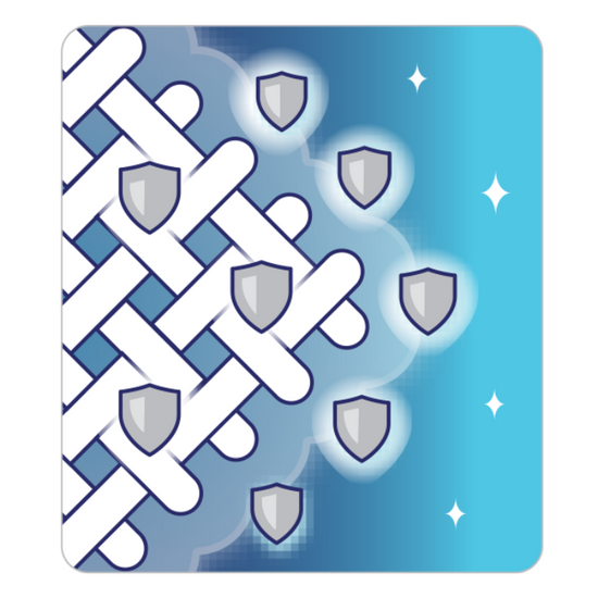 Card with white lattice design and shield icons on a blue background