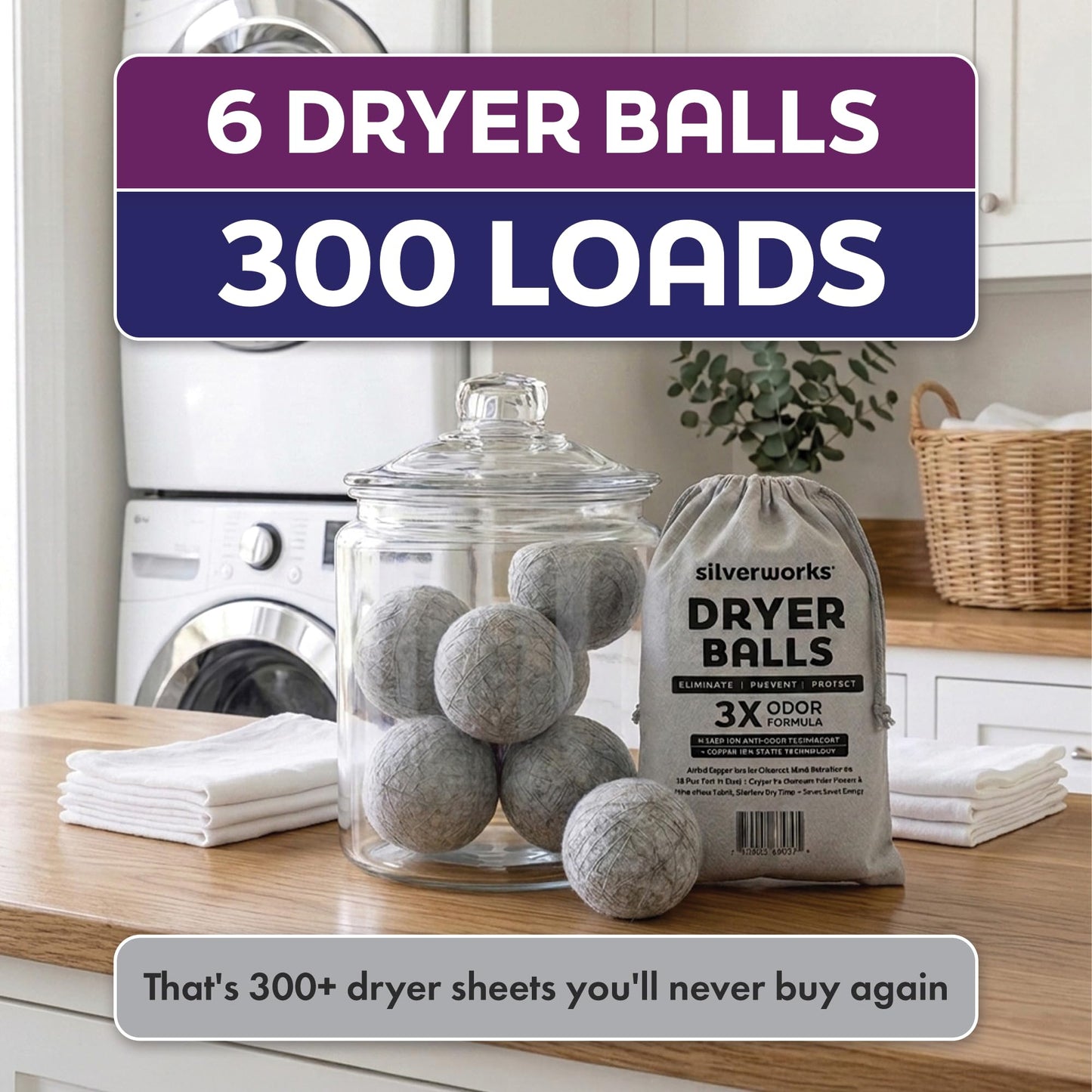 Wool Dryer Balls with Copper & Silver, Pack of 6