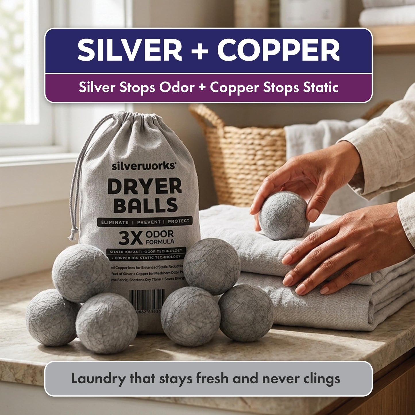Wool Dryer Balls with Copper & Silver, Pack of 6