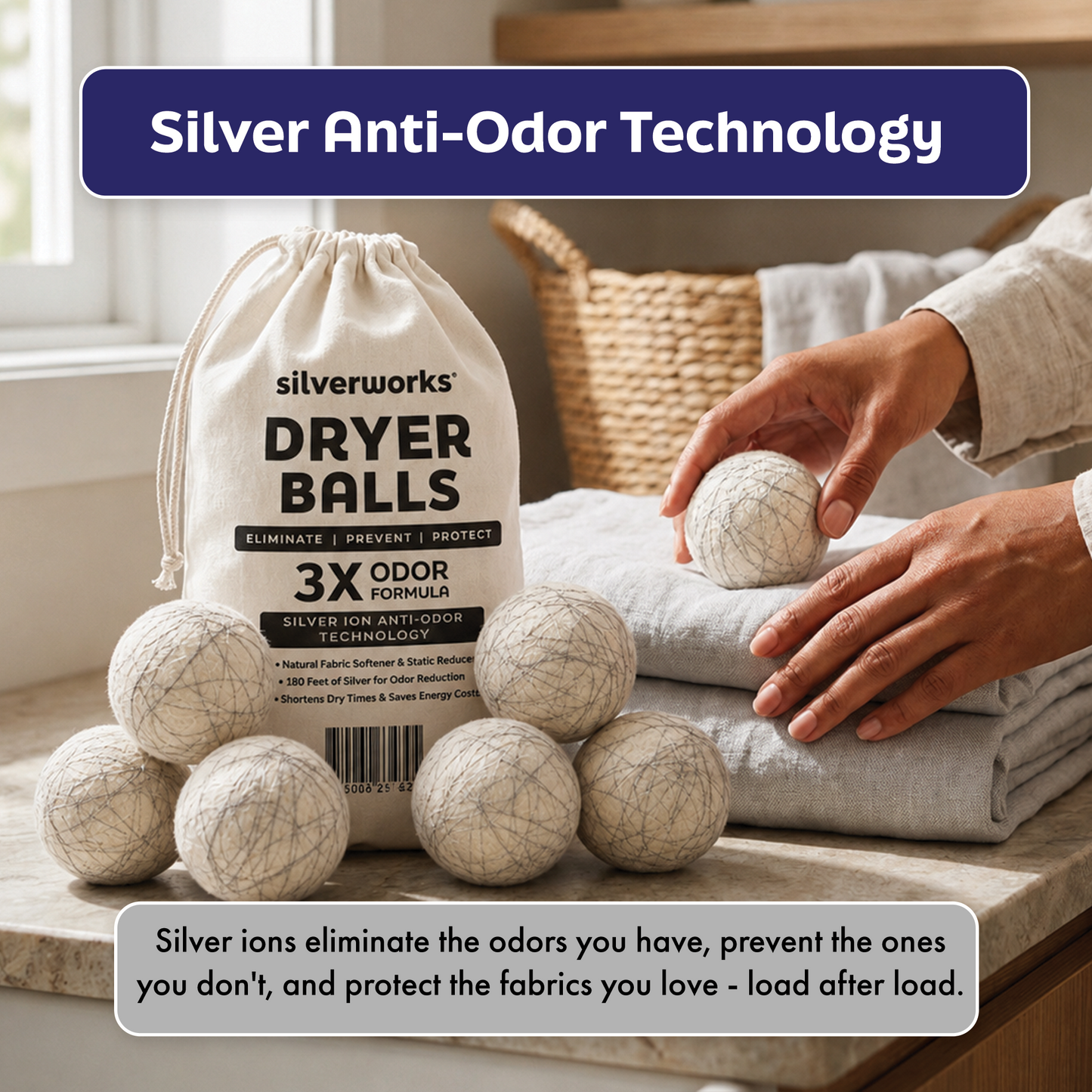 Wool Dryer Balls with Silver, Pack of 6