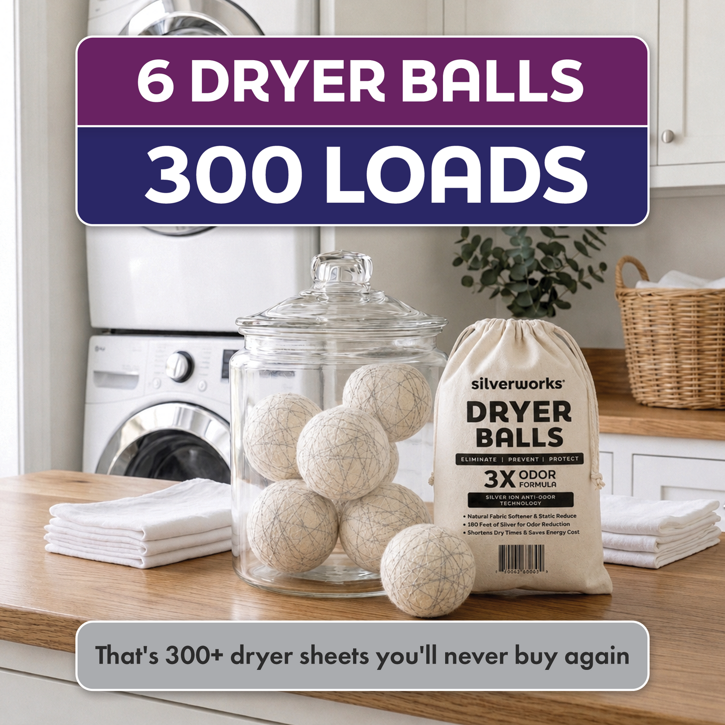 Wool Dryer Balls with Silver, Pack of 6