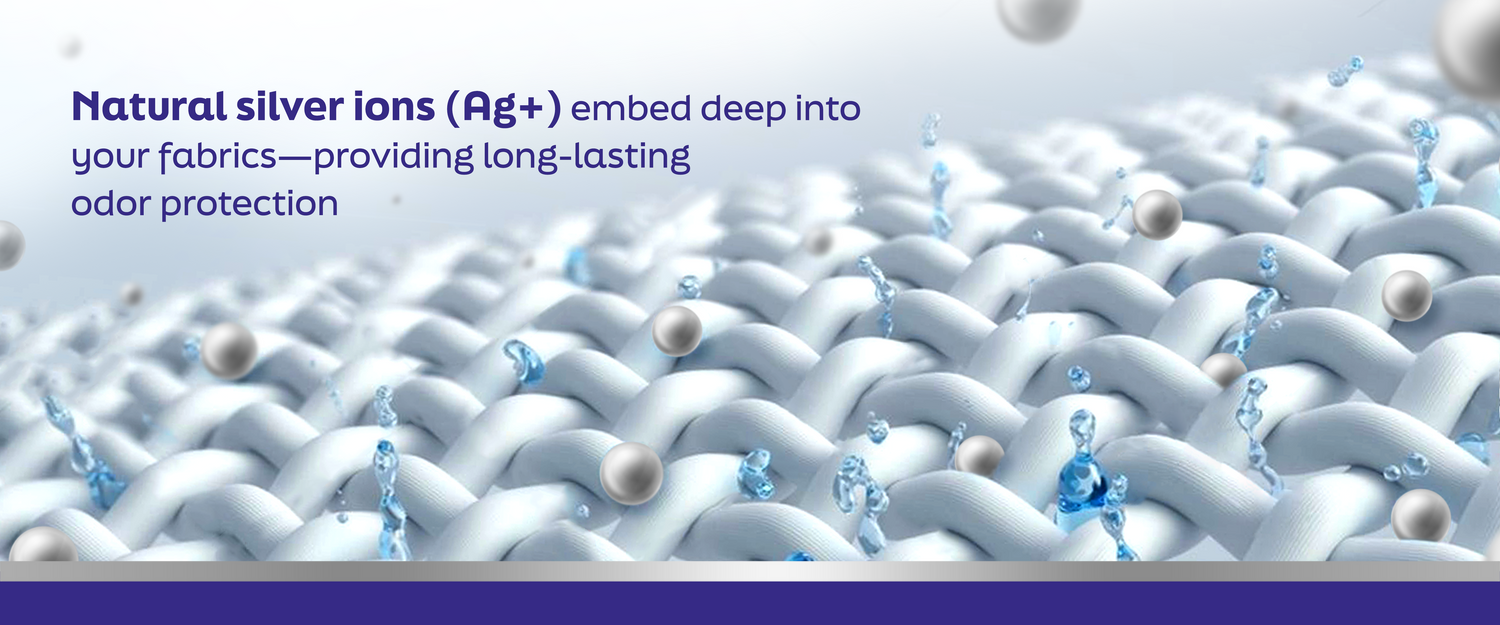 Silver Ions embedding into fabric with the caption: natural silver ions (Ag+) embed deep into your fabrics - providing long-lasting odor protection